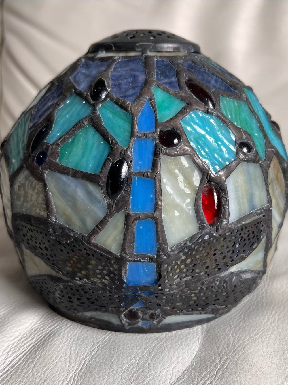 Vintage Stained Glass Mosaic Dragonfly Table Lamp Shade - Blue & Teal